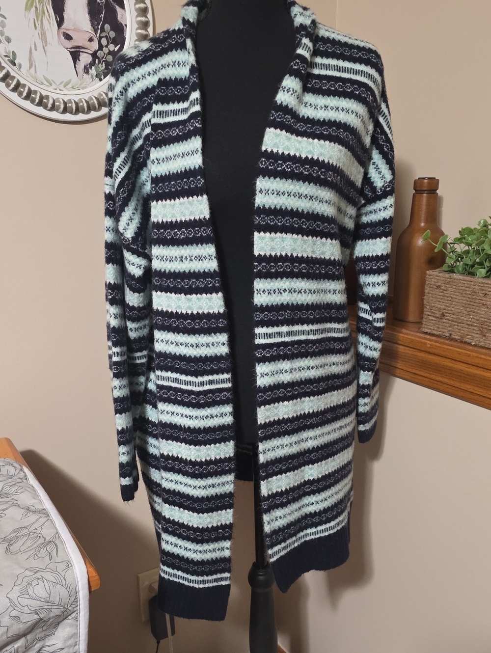 Talbots Striped Open-Front Cardigan - Mint & Navy